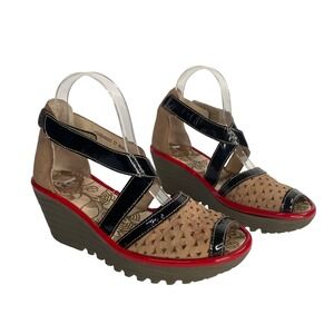 Fly London Wedge Sandals Womens Size 37 Perforated Leather Suede Peep Toe